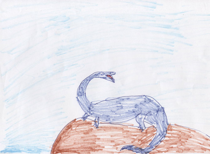 Нотозавр ел рыбу. Он охотился в море, а отдыхал на суше. В честь него был назван отряд хищных морских ящеров. Жил в юрском периоде.