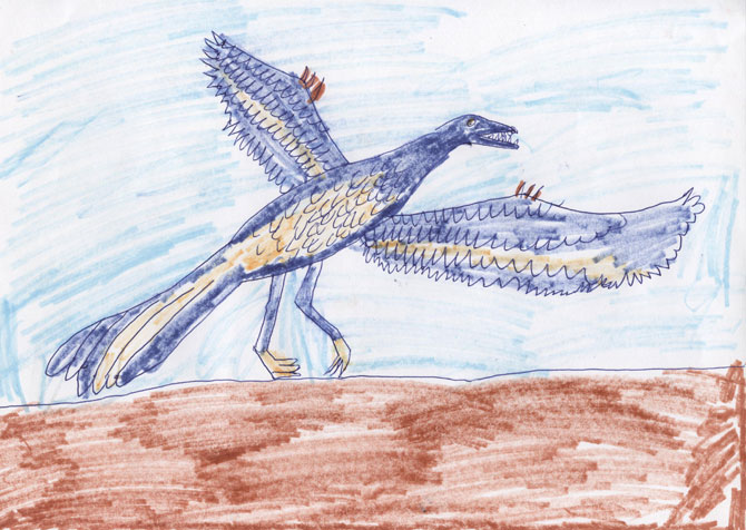 Археоптерикс был древней птицей, скелет которой был похож на скелет мелкого динозавра. У него, как и у всех древних птиц, были когти на крыльях. Питался археоптерикс насекомыми. Летать умел, но плохо.
